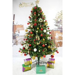 Set brad artificial de Craciun si elemente decorative, decorat cu conuri pin rosii, inaltime 210 cm, diametru 137 cm, 1172 ramuri, Kadeny, verde, suport metalic inclus