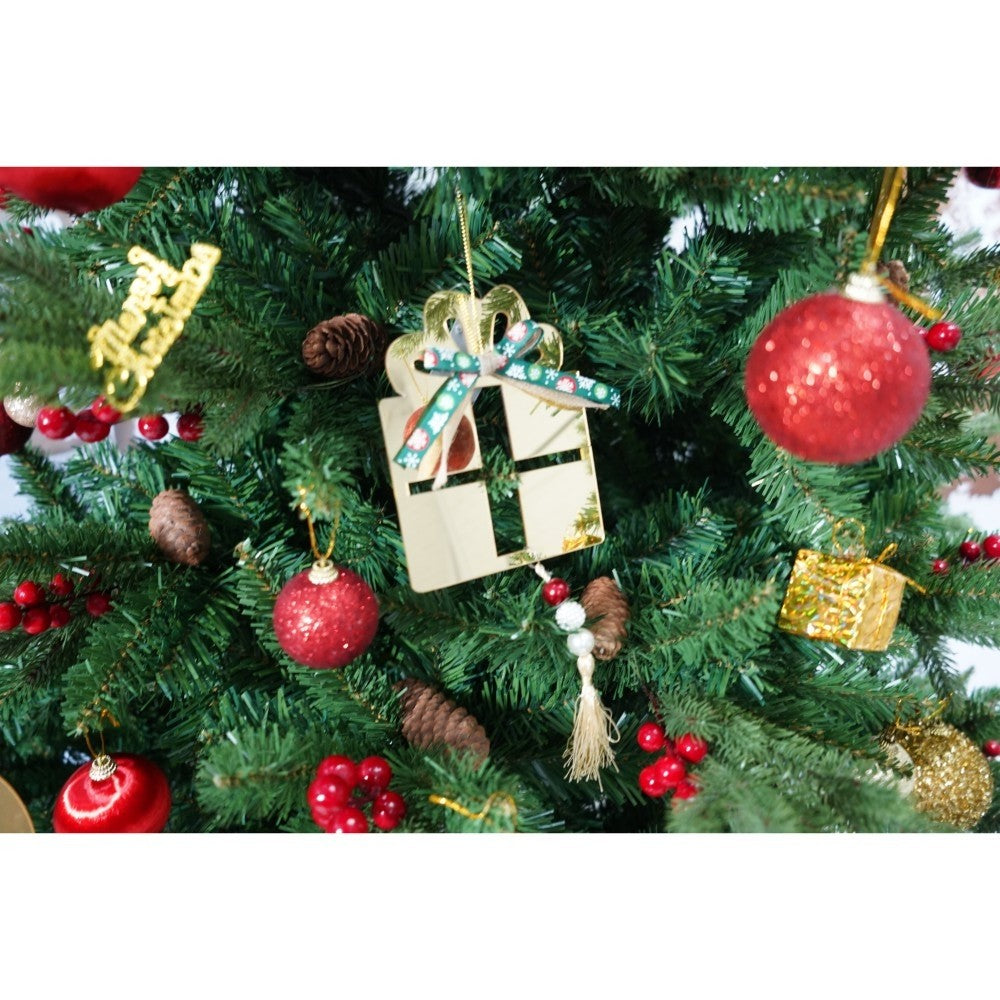 Set brad artificial de Craciun si elemente decorative, decorat cu conuri pin rosii, inaltime 210 cm, diametru 137 cm, 1172 ramuri, Kadeny, verde, suport metalic inclus