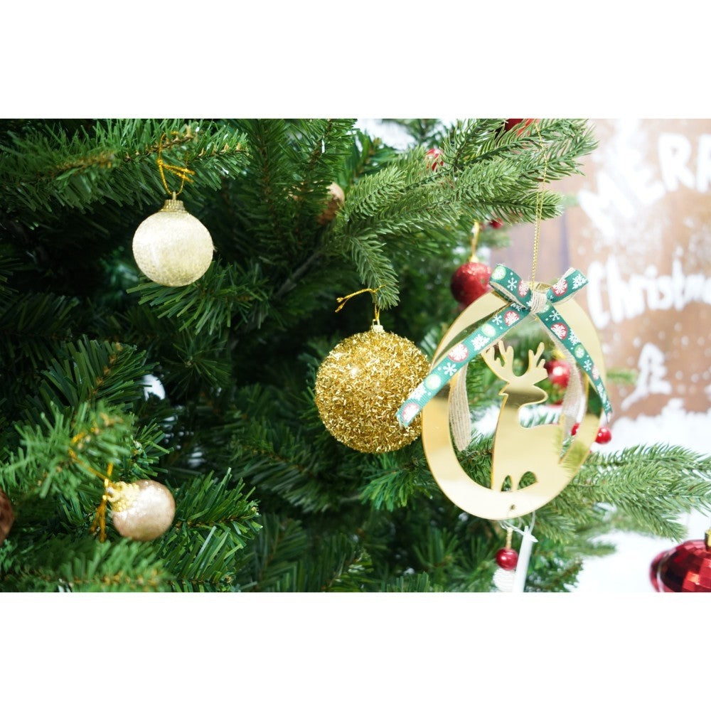 Set brad artificial de Craciun si elemente decorative, decorat cu conuri pin rosii, inaltime 210 cm, diametru 137 cm, 1172 ramuri, Kadeny, verde, suport metalic inclus