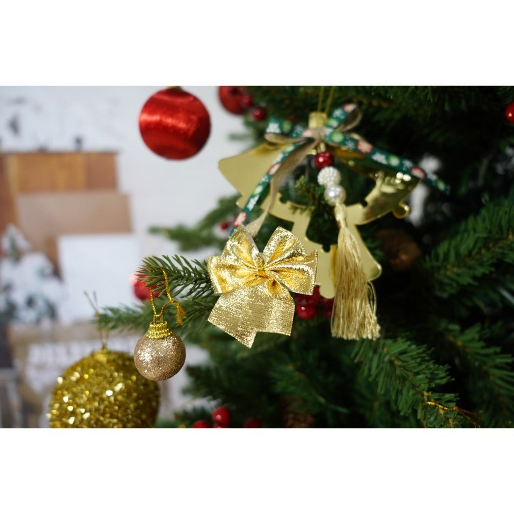 Set brad artificial de Craciun si elemente decorative, decorat cu conuri pin rosii, inaltime 210 cm, diametru 137 cm, 1172 ramuri, Kadeny, verde, suport metalic inclus