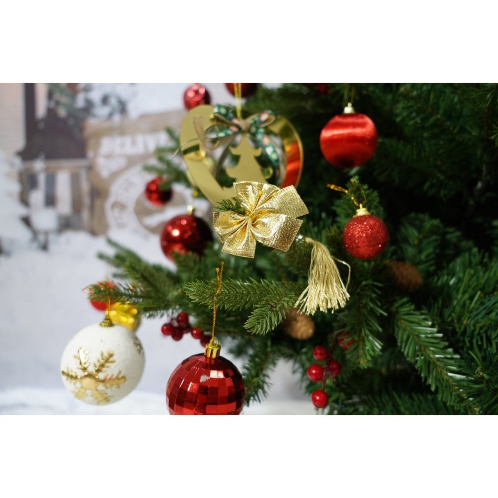 Set brad artificial de Craciun si elemente decorative, decorat cu conuri pin rosii, inaltime 210 cm, diametru 137 cm, 1172 ramuri, Kadeny, verde, suport metalic inclus