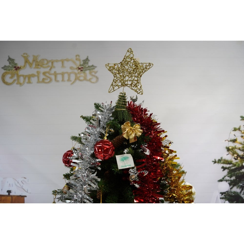 Set brad artificial de Craciun si elemente decorative, decorat cu conuri pin rosii, inaltime 210 cm, diametru 137 cm, 1172 ramuri, Kadeny, verde, suport metalic inclus