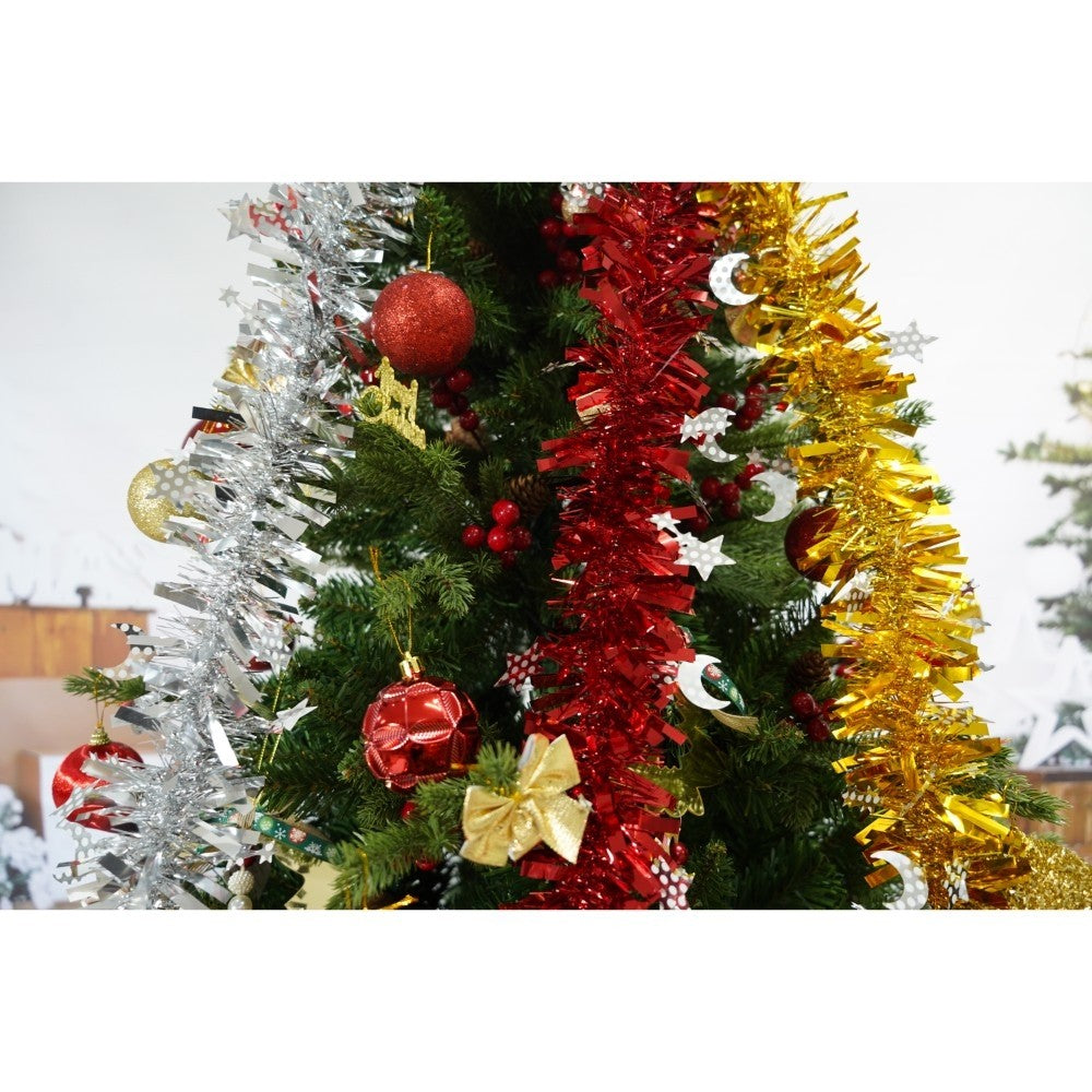 Set brad artificial de Craciun si elemente decorative, decorat cu conuri pin rosii, inaltime 210 cm, diametru 137 cm, 1172 ramuri, Kadeny, verde, suport metalic inclus