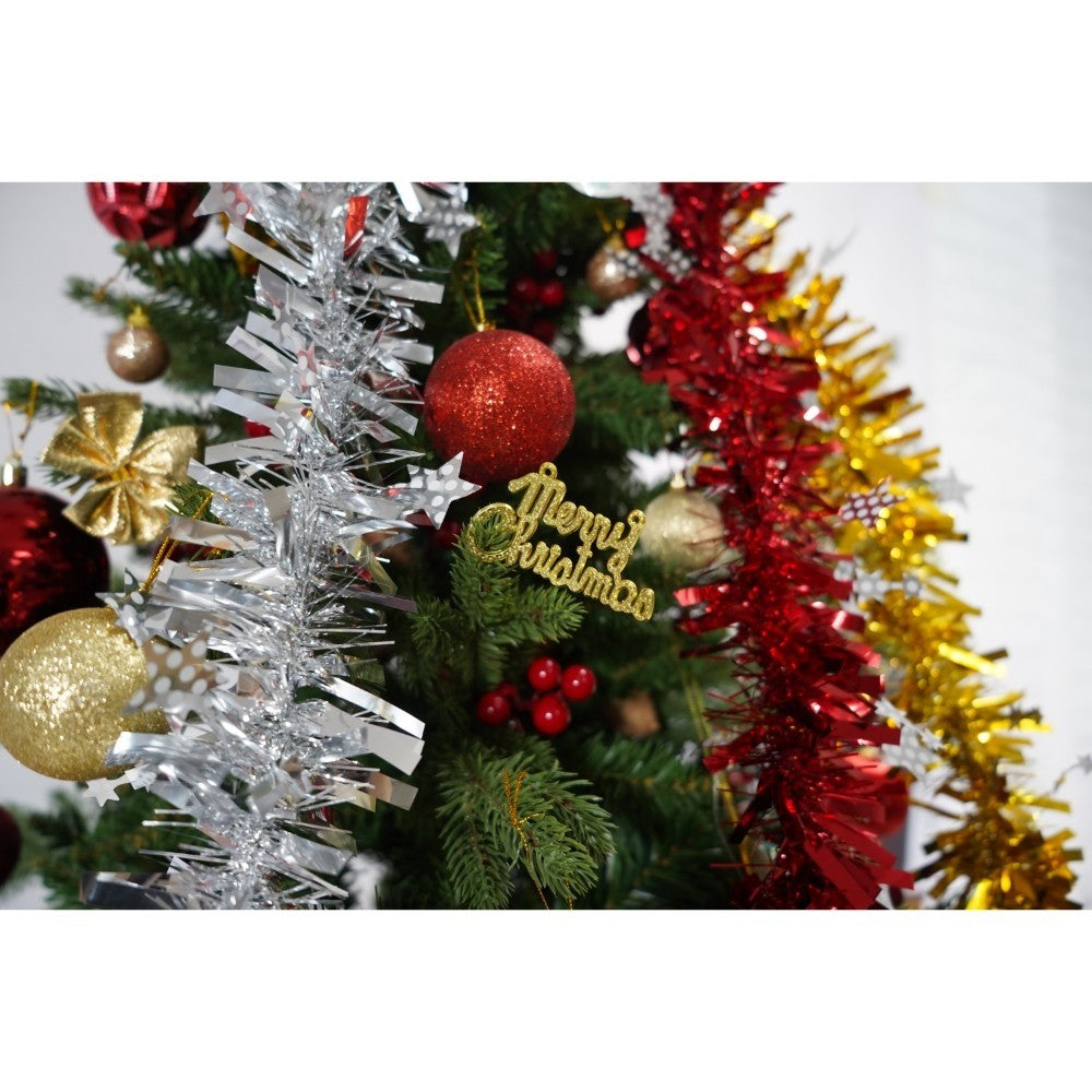 Set brad artificial de Craciun si elemente decorative, decorat cu conuri pin rosii, inaltime 210 cm, diametru 137 cm, 1172 ramuri, Kadeny, verde, suport metalic inclus