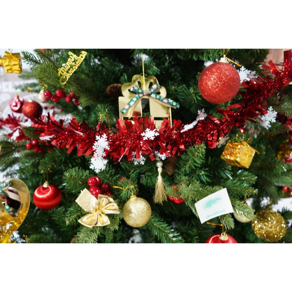 Set brad artificial de Craciun si elemente decorative, decorat cu conuri pin rosii, inaltime 210 cm, diametru 137 cm, 1172 ramuri, Kadeny, verde, suport metalic inclus