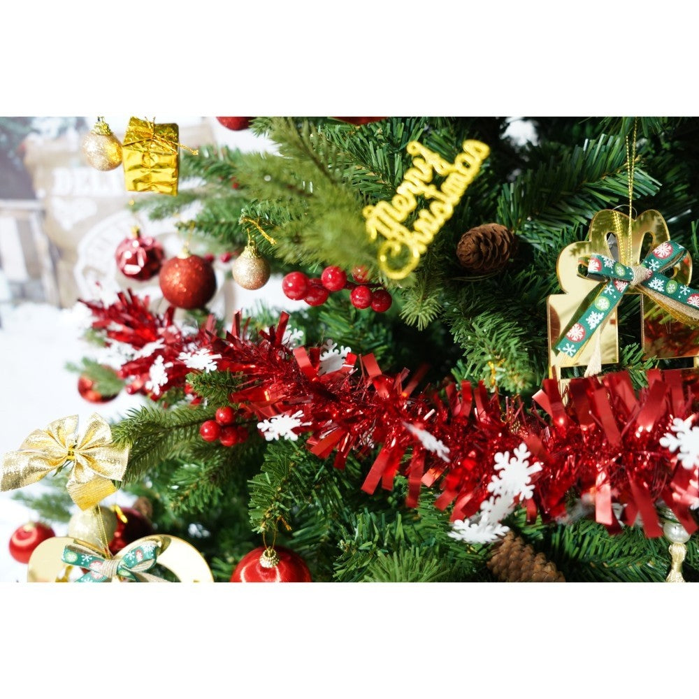 Set brad artificial de Craciun si elemente decorative, decorat cu conuri pin rosii, inaltime 210 cm, diametru 137 cm, 1172 ramuri, Kadeny, verde, suport metalic inclus