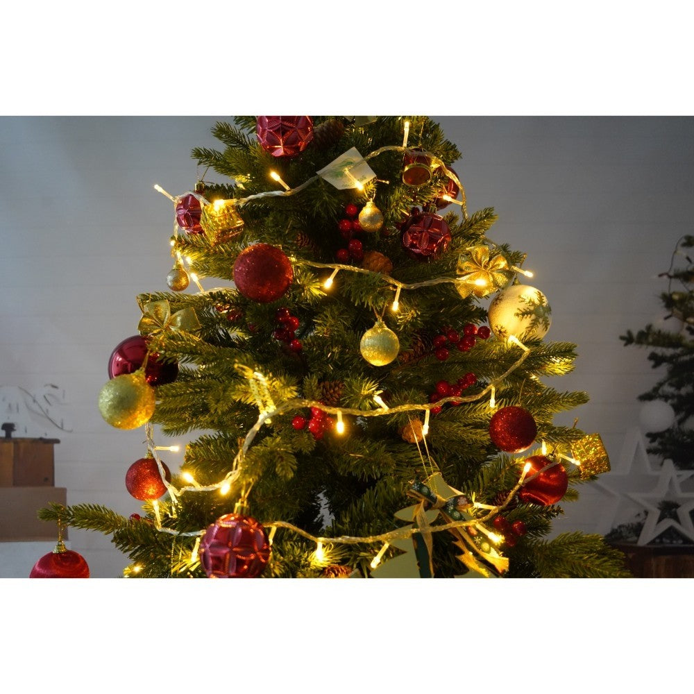 Set brad artificial de Craciun si elemente decorative, decorat cu conuri pin rosii, inaltime 210 cm, diametru 137 cm, 1172 ramuri, Kadeny, verde, suport metalic inclus