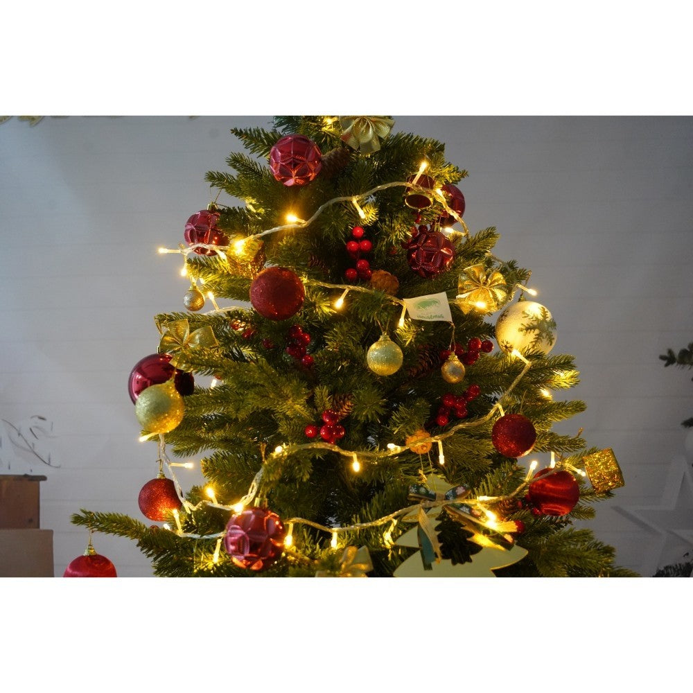 Set brad artificial de Craciun si elemente decorative, decorat cu conuri pin rosii, inaltime 210 cm, diametru 137 cm, 1172 ramuri, Kadeny, verde, suport metalic inclus