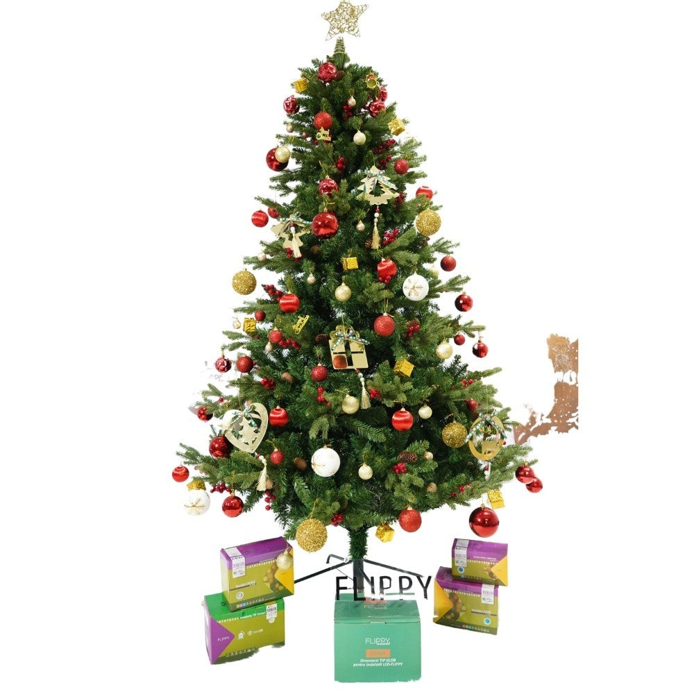 Set brad artificial de Craciun si elemente decorative, decorat cu conuri pin rosii, inaltime 210 cm, diametru 137 cm, 1172 ramuri, Kadeny, verde, suport metalic inclus