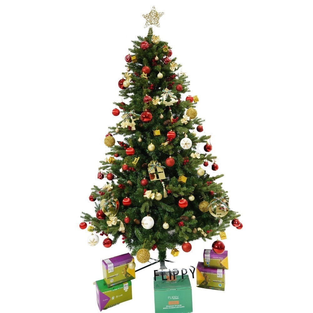 Set brad artificial de Craciun si elemente decorative, decorat cu conuri pin rosii, inaltime 210 cm, diametru 137 cm, 1172 ramuri, Kadeny, verde, suport metalic inclus