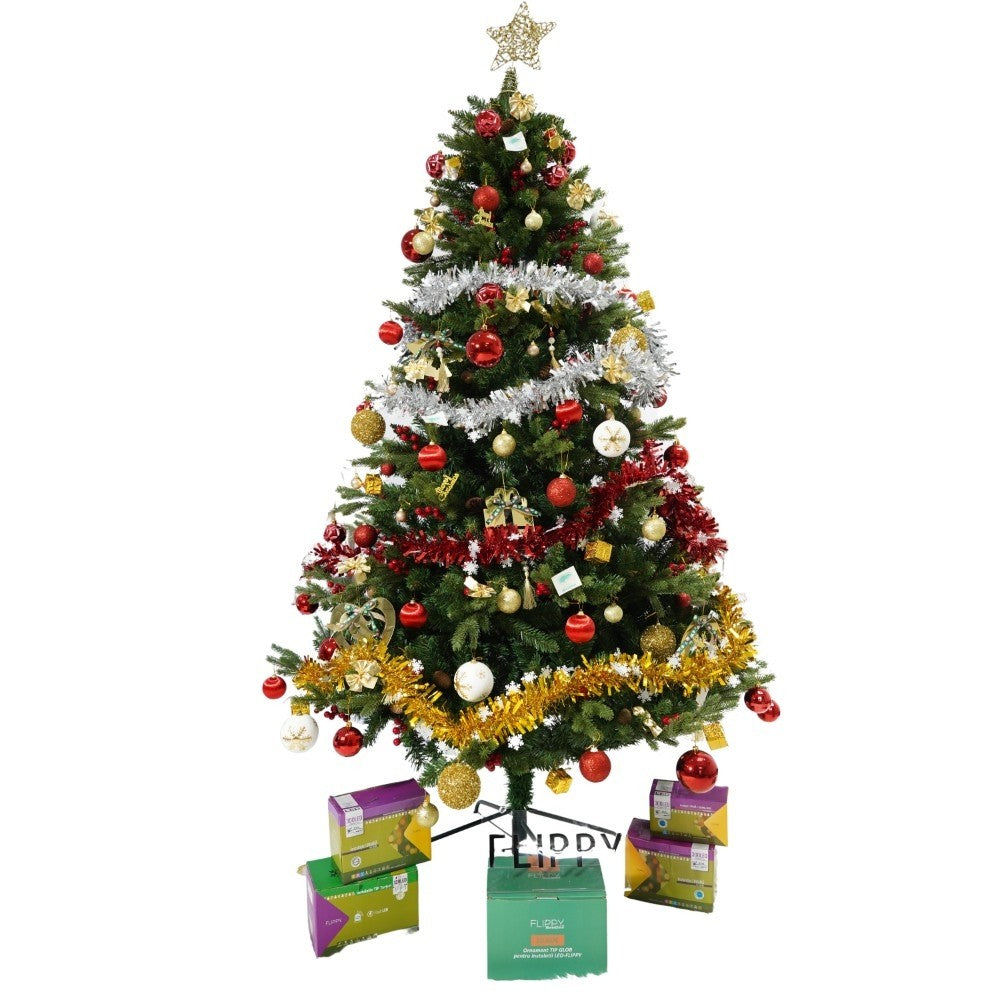 Set brad artificial de Craciun si elemente decorative, decorat cu conuri pin rosii, inaltime 210 cm, diametru 137 cm, 1172 ramuri, Kadeny, verde, suport metalic inclus