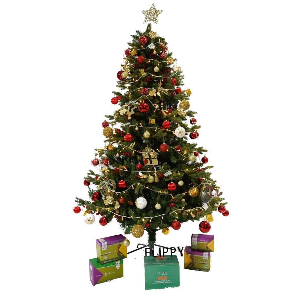 Set brad artificial de Craciun si elemente decorative, decorat cu conuri pin rosii, inaltime 210 cm, diametru 137 cm, 1172 ramuri, Kadeny, verde, suport metalic inclus