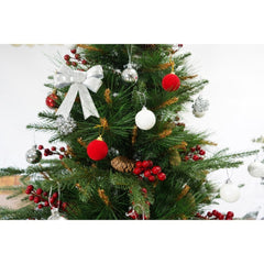 Set brad artificial de Craciun si elemente decorative, decorat cu conuri pin rosii, pentru interior/exterior, inaltime 210 cm, diametru 142 cm, 767 ramuri, Kadeny, verde, suport metalic inclus