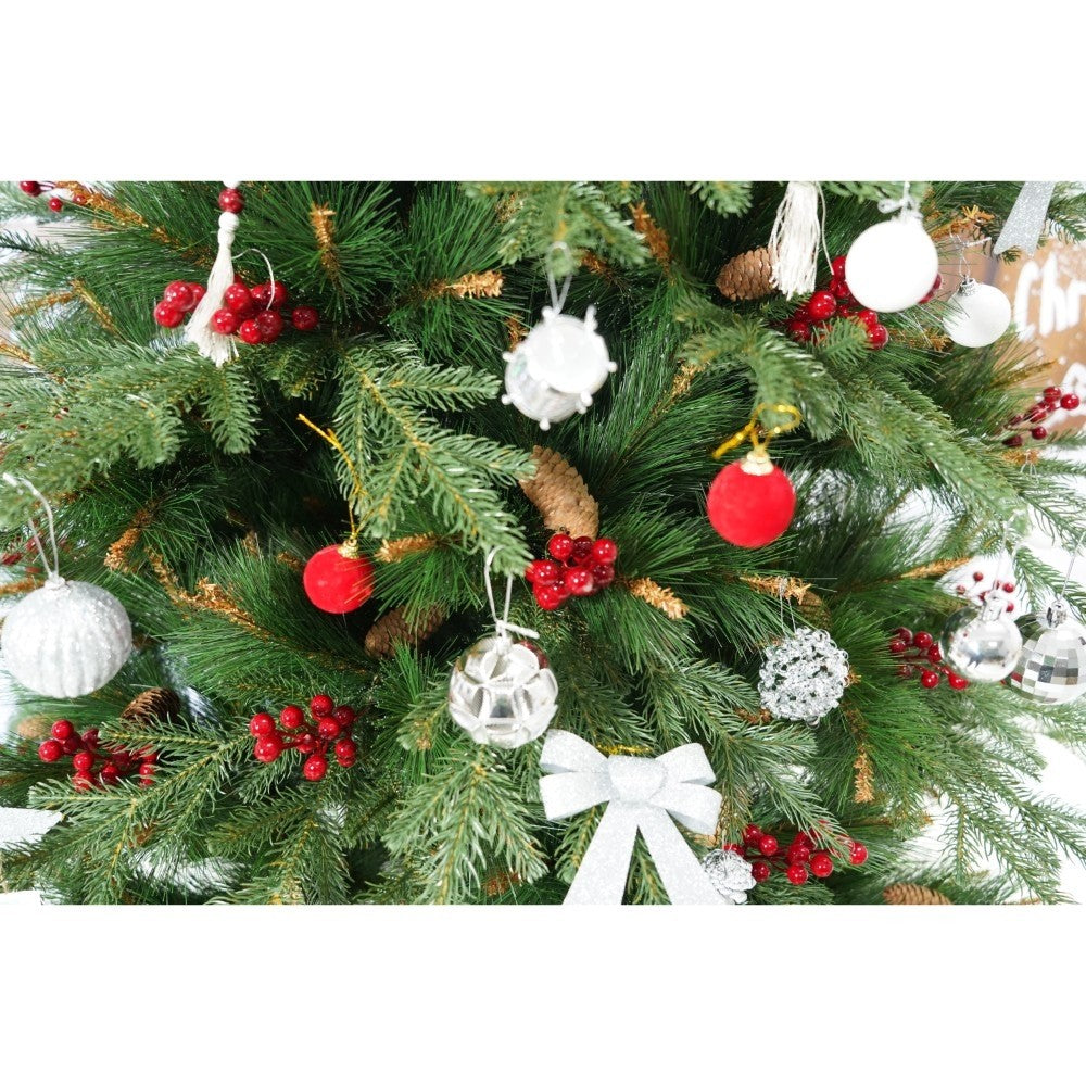 Set brad artificial de Craciun si elemente decorative, decorat cu conuri pin rosii, pentru interior/exterior, inaltime 210 cm, diametru 142 cm, 767 ramuri, Kadeny, verde, suport metalic inclus