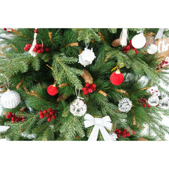 Set brad artificial de Craciun si elemente decorative, decorat cu conuri pin rosii, pentru interior/exterior, inaltime 210 cm, diametru 142 cm, 767 ramuri, Kadeny, verde, suport metalic inclus