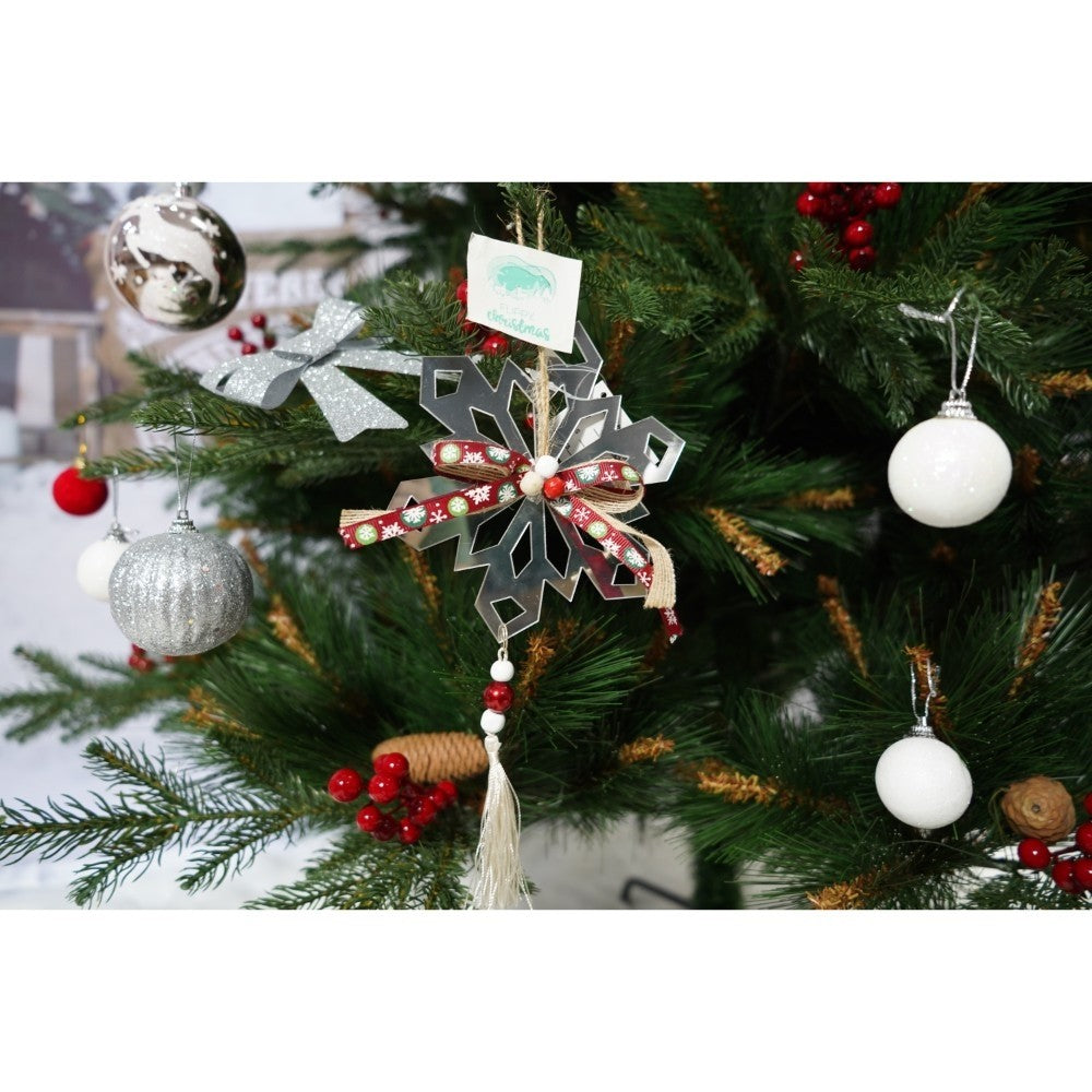 Set brad artificial de Craciun si elemente decorative, decorat cu conuri pin rosii, pentru interior/exterior, inaltime 210 cm, diametru 142 cm, 767 ramuri, Kadeny, verde, suport metalic inclus