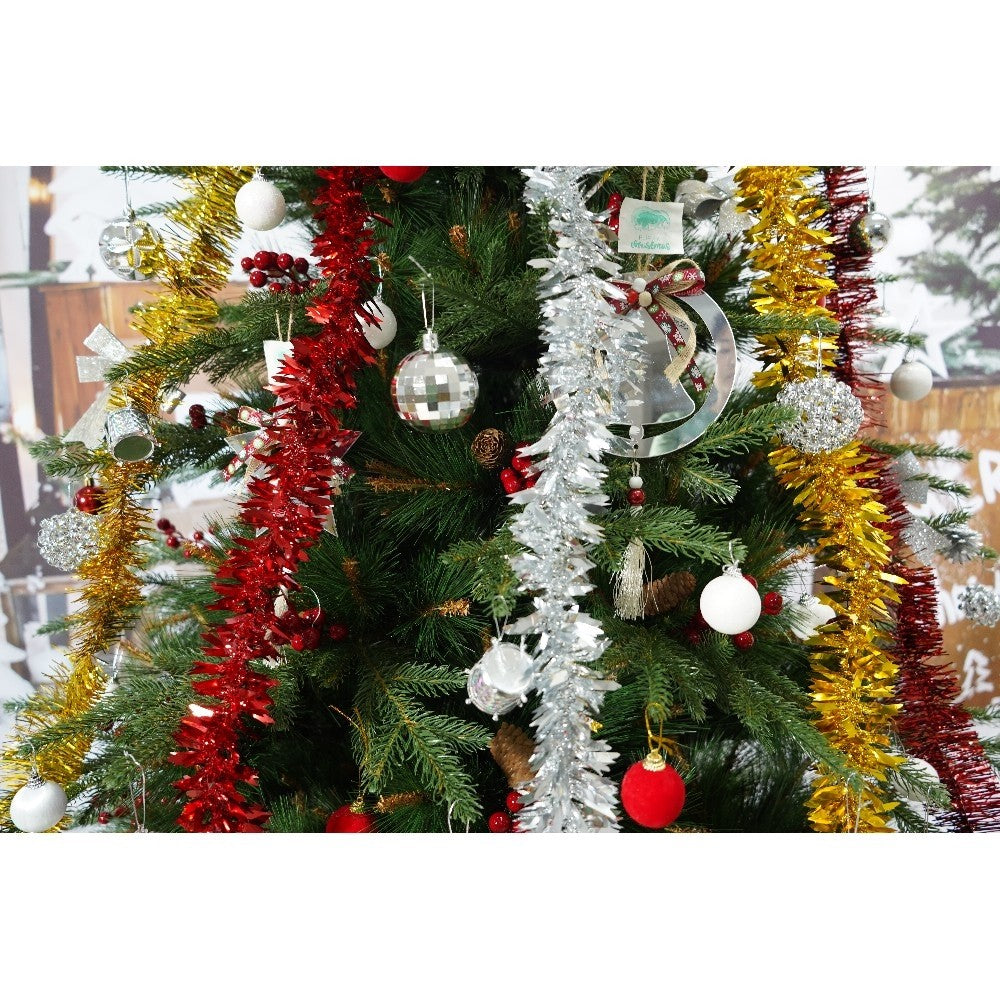 Set brad artificial de Craciun si elemente decorative, decorat cu conuri pin rosii, pentru interior/exterior, inaltime 210 cm, diametru 142 cm, 767 ramuri, Kadeny, verde, suport metalic inclus