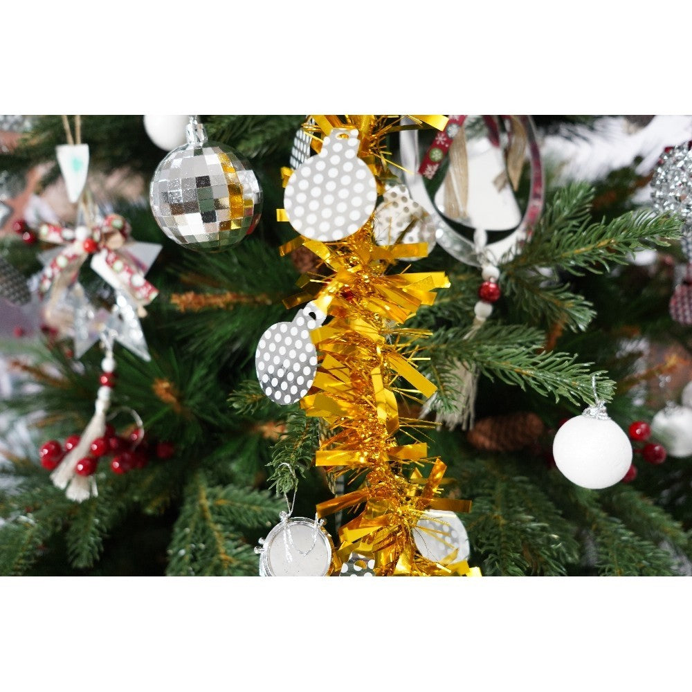 Set brad artificial de Craciun si elemente decorative, decorat cu conuri pin rosii, pentru interior/exterior, inaltime 210 cm, diametru 142 cm, 767 ramuri, Kadeny, verde, suport metalic inclus