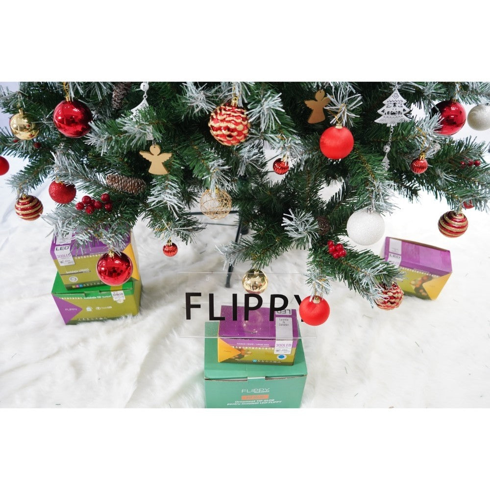 Set brad artificial de Craciun si elemente decorative, nins, decorat cu conuri pin, pentru interior/exterior, inaltime 210 cm, diametru 147 cm, 1150 ramuri, Kadeny, verde, suport metalic inclus