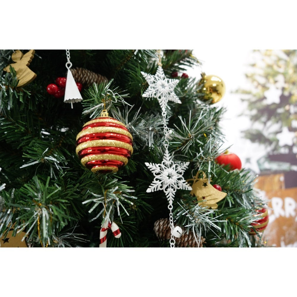 Set brad artificial de Craciun si elemente decorative, nins, decorat cu conuri pin, pentru interior/exterior, inaltime 210 cm, diametru 147 cm, 1150 ramuri, Kadeny, verde, suport metalic inclus