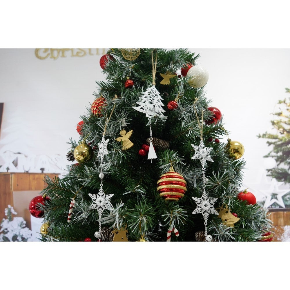 Set brad artificial de Craciun si elemente decorative, nins, decorat cu conuri pin, pentru interior/exterior, inaltime 210 cm, diametru 147 cm, 1150 ramuri, Kadeny, verde, suport metalic inclus