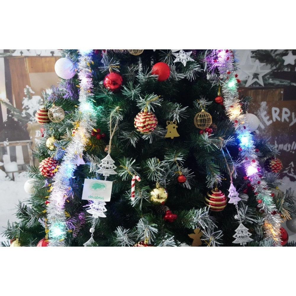 Set brad artificial de Craciun si elemente decorative, nins, decorat cu conuri pin, pentru interior/exterior, inaltime 210 cm, diametru 147 cm, 1150 ramuri, Kadeny, verde, suport metalic inclus