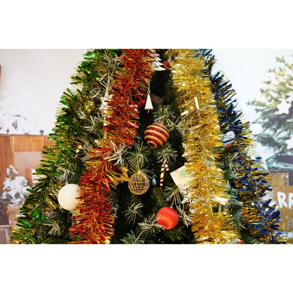 Set brad artificial de Craciun si elemente decorative, nins, decorat cu conuri pin, pentru interior/exterior, inaltime 210 cm, diametru 147 cm, 1150 ramuri, Kadeny, verde, suport metalic inclus