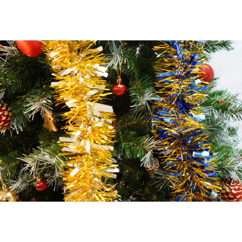 Set brad artificial de Craciun si elemente decorative, nins, decorat cu conuri pin, pentru interior/exterior, inaltime 210 cm, diametru 147 cm, 1150 ramuri, Kadeny, verde, suport metalic inclus