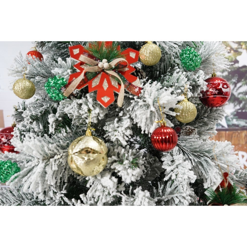 Set brad artificial de Craciun si elemente decorative, nins, decorat cu conuri pin, pentru interior/exterior, inaltime 210 cm, diametru 131 cm, 630 ramuri, Kadeny, alb/verde, suport metalic inclus