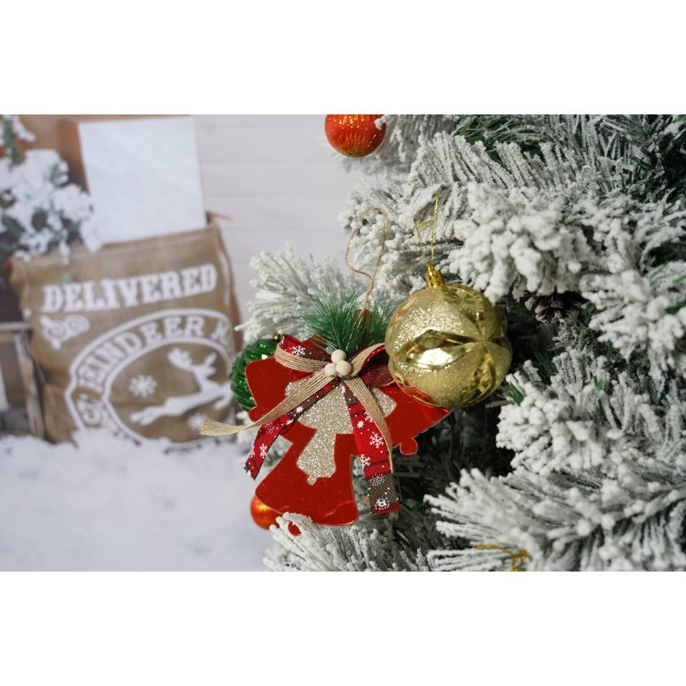 Set brad artificial de Craciun si elemente decorative, nins, decorat cu conuri pin, pentru interior/exterior, inaltime 210 cm, diametru 131 cm, 630 ramuri, Kadeny, alb/verde, suport metalic inclus