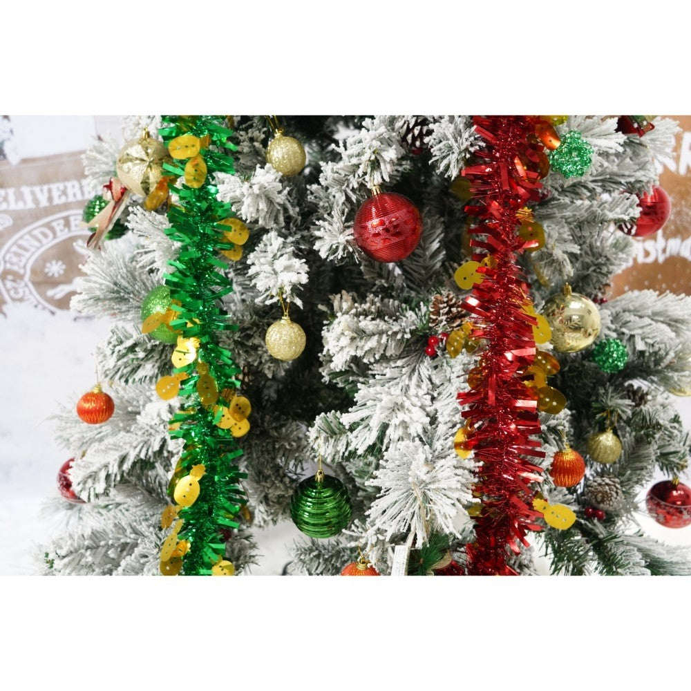 Set brad artificial de Craciun si elemente decorative, nins, decorat cu conuri pin, pentru interior/exterior, inaltime 210 cm, diametru 131 cm, 630 ramuri, Kadeny, alb/verde, suport metalic inclus