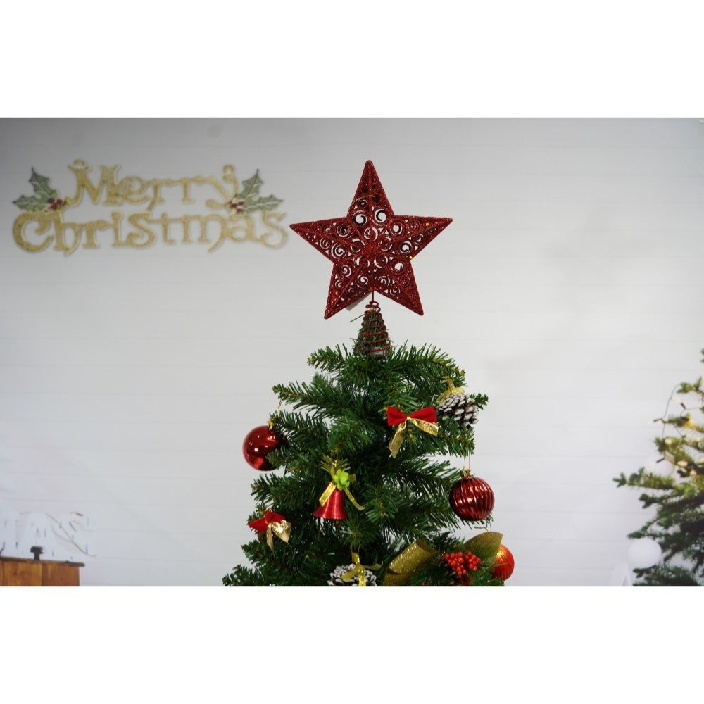 Set brad artificial de Craciun si elemente decorative, nins, decorat cu conuri pin, pentru interior/exterior, inaltime 210 cm, diametru 131 cm, 630 ramuri, Kadeny, alb/verde, suport metalic inclus