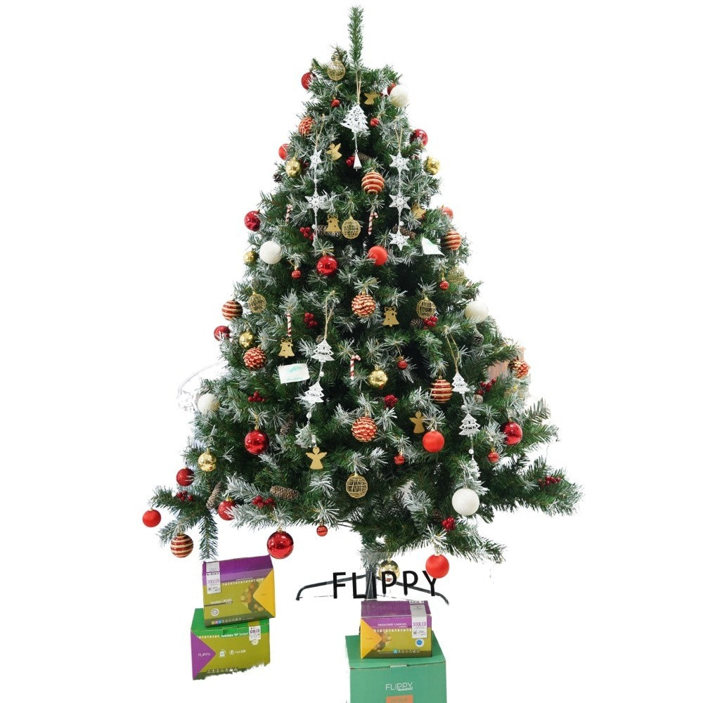 Set brad artificial de Craciun si elemente decorative, nins, decorat cu conuri pin, pentru interior/exterior, inaltime 210 cm, diametru 147 cm, 1150 ramuri, Kadeny, verde, suport metalic inclus