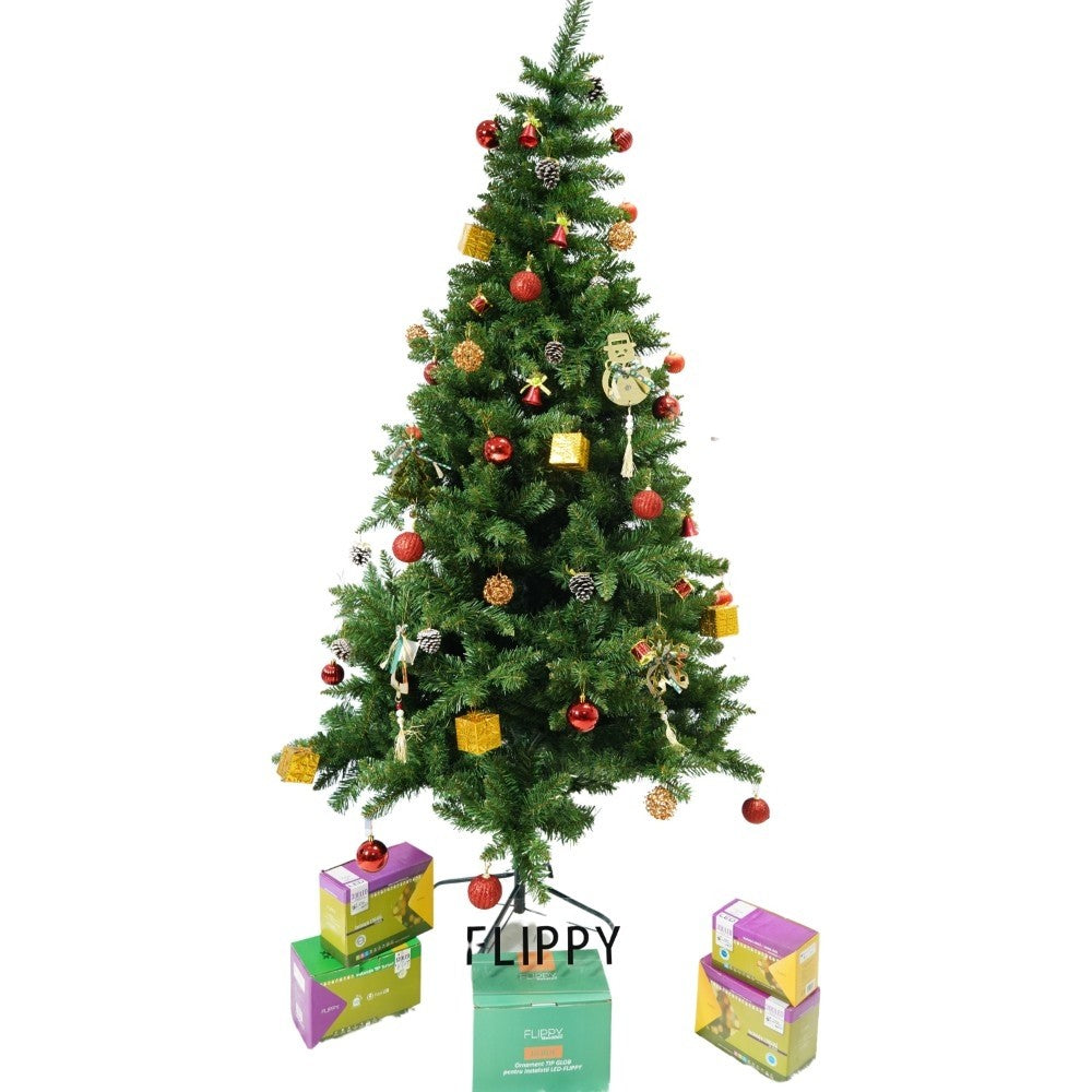 Set brad artificial de Craciun si elemente decorative, nins, decorat cu conuri pin, pentru interior/exterior, inaltime 210 cm, diametru 131 cm, 630 ramuri, Kadeny, alb/verde, suport metalic inclus