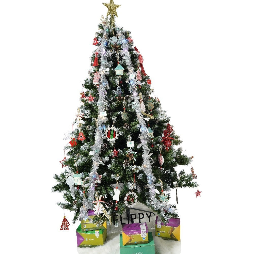 Set brad artificial de Craciun si elemente decorative, nins, decorat cu conuri pin, pentru perete/colt, inaltime 210 cm, diametru 149 cm, 1224 ramuri, Kadeny, verde, suport metalic inclus