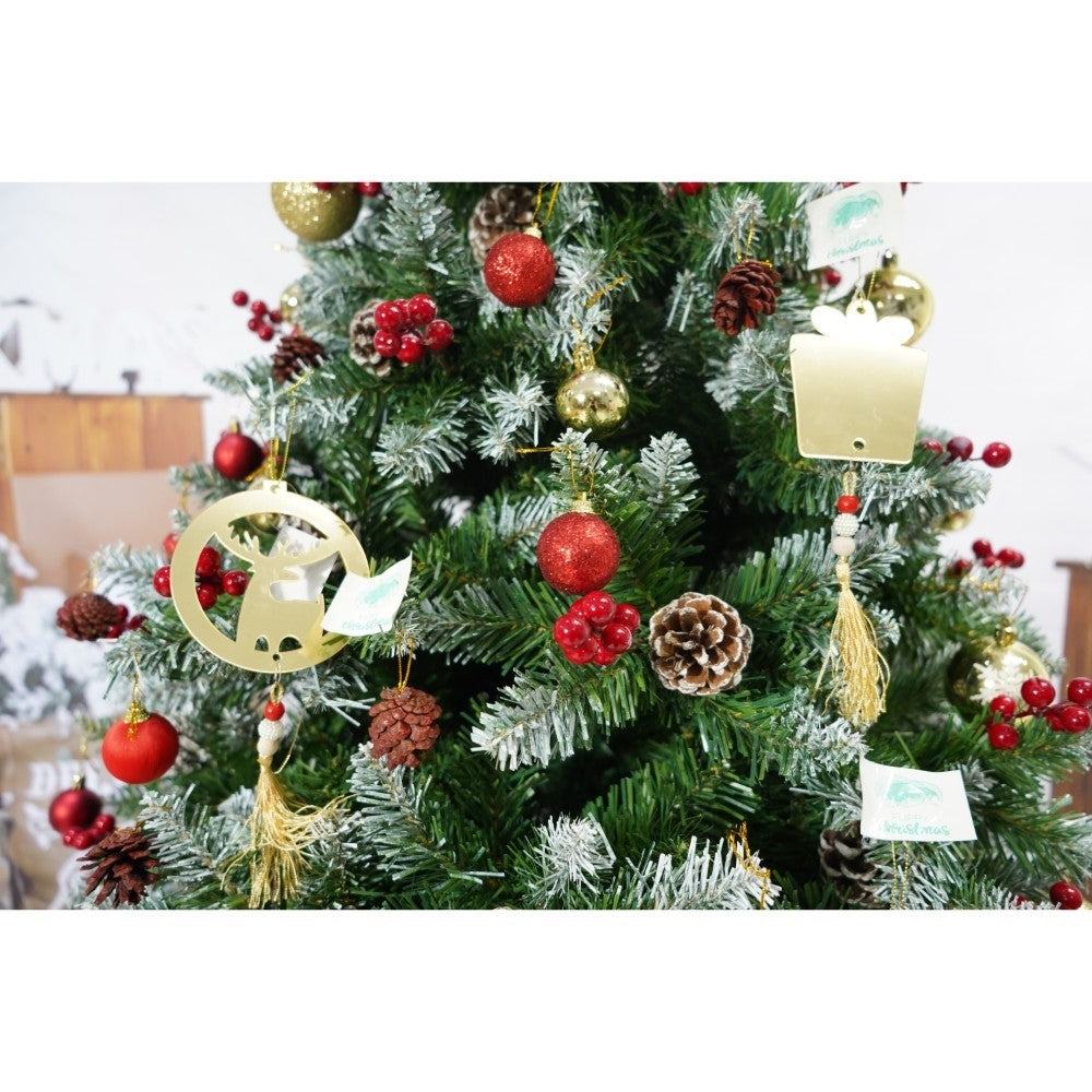 Set brad artificial de Craciun si elemente decorative, nins, decorat cu conuri pin rosii, inaltime 210 cm, diametru 106 cm, 643 ramuri, Kadeny, verde, suport metalic inclus