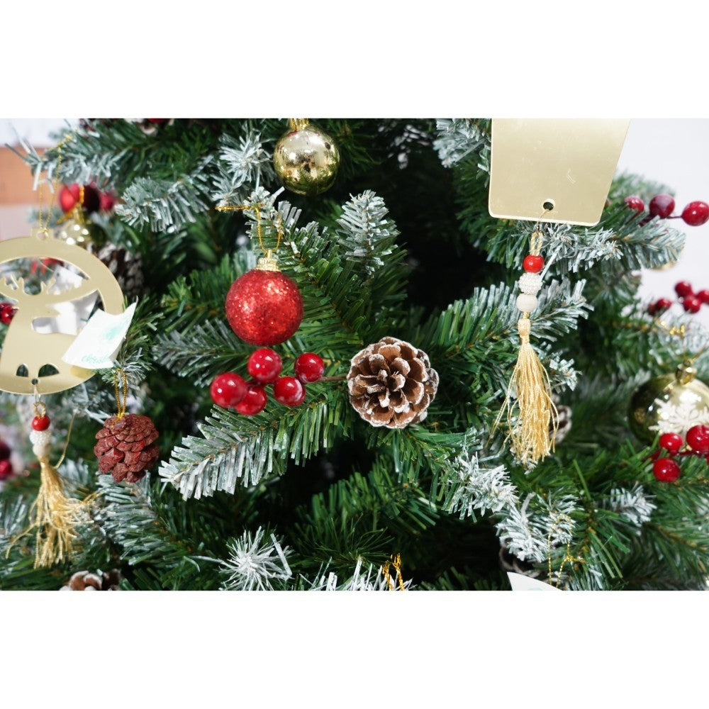 Set brad artificial de Craciun si elemente decorative, nins, decorat cu conuri pin rosii, inaltime 210 cm, diametru 106 cm, 643 ramuri, Kadeny, verde, suport metalic inclus