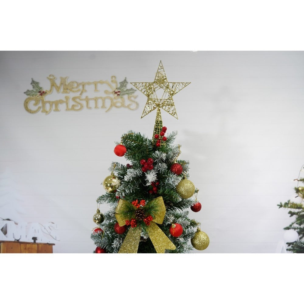 Set brad artificial de Craciun si elemente decorative, nins, decorat cu conuri pin rosii, inaltime 210 cm, diametru 106 cm, 643 ramuri, Kadeny, verde, suport metalic inclus