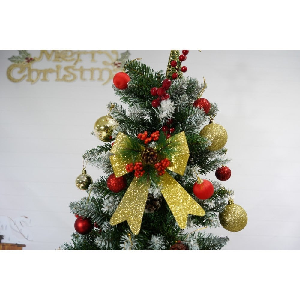 Set brad artificial de Craciun si elemente decorative, nins, decorat cu conuri pin rosii, inaltime 210 cm, diametru 106 cm, 643 ramuri, Kadeny, verde, suport metalic inclus