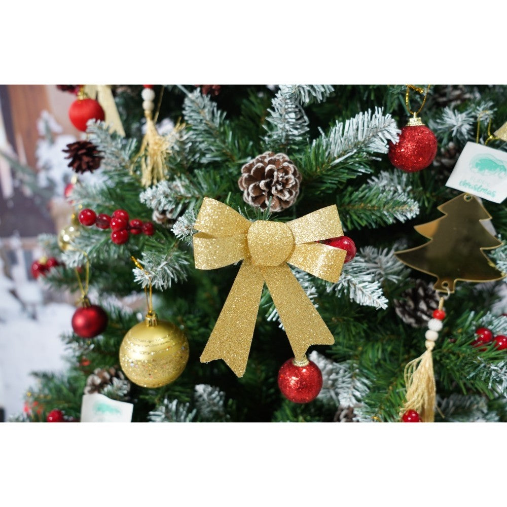 Set brad artificial de Craciun si elemente decorative, nins, decorat cu conuri pin rosii, inaltime 210 cm, diametru 106 cm, 643 ramuri, Kadeny, verde, suport metalic inclus