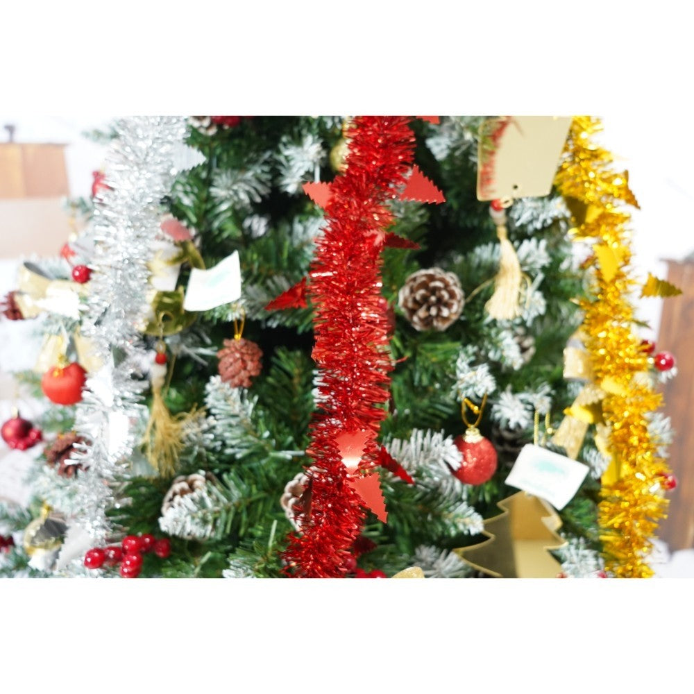 Set brad artificial de Craciun si elemente decorative, nins, decorat cu conuri pin rosii, inaltime 210 cm, diametru 106 cm, 643 ramuri, Kadeny, verde, suport metalic inclus