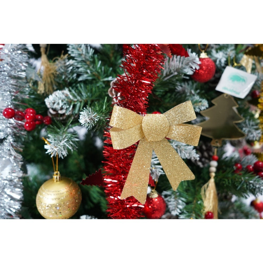 Set brad artificial de Craciun si elemente decorative, nins, decorat cu conuri pin rosii, inaltime 210 cm, diametru 106 cm, 643 ramuri, Kadeny, verde, suport metalic inclus