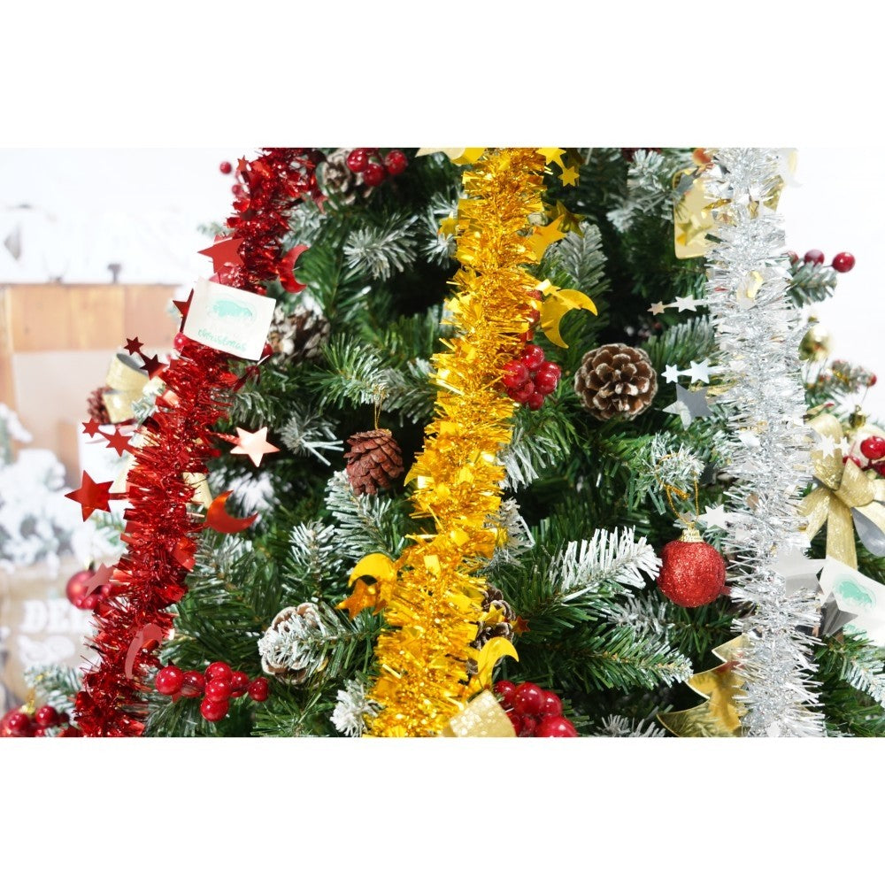 Set brad artificial de Craciun si elemente decorative, nins, decorat cu conuri pin rosii, inaltime 210 cm, diametru 106 cm, 643 ramuri, Kadeny, verde, suport metalic inclus