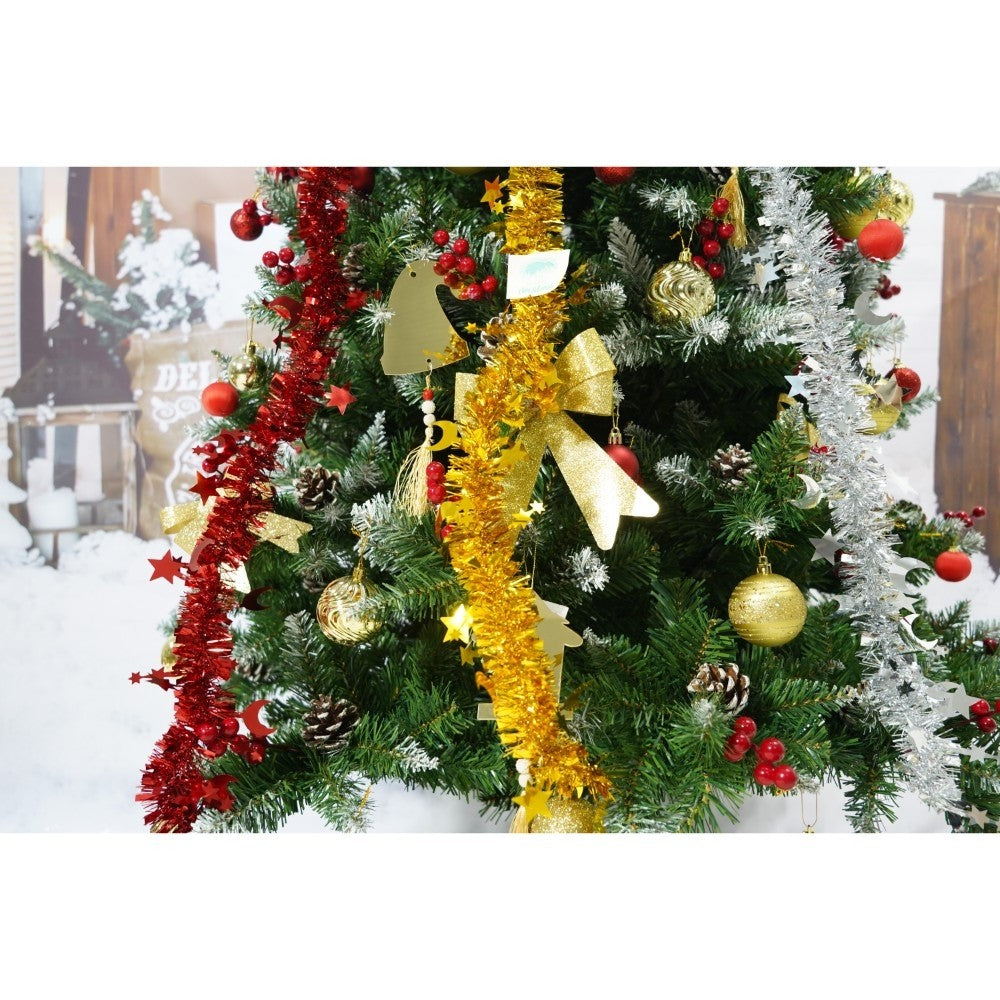 Set brad artificial de Craciun si elemente decorative, nins, decorat cu conuri pin rosii, inaltime 210 cm, diametru 106 cm, 643 ramuri, Kadeny, verde, suport metalic inclus