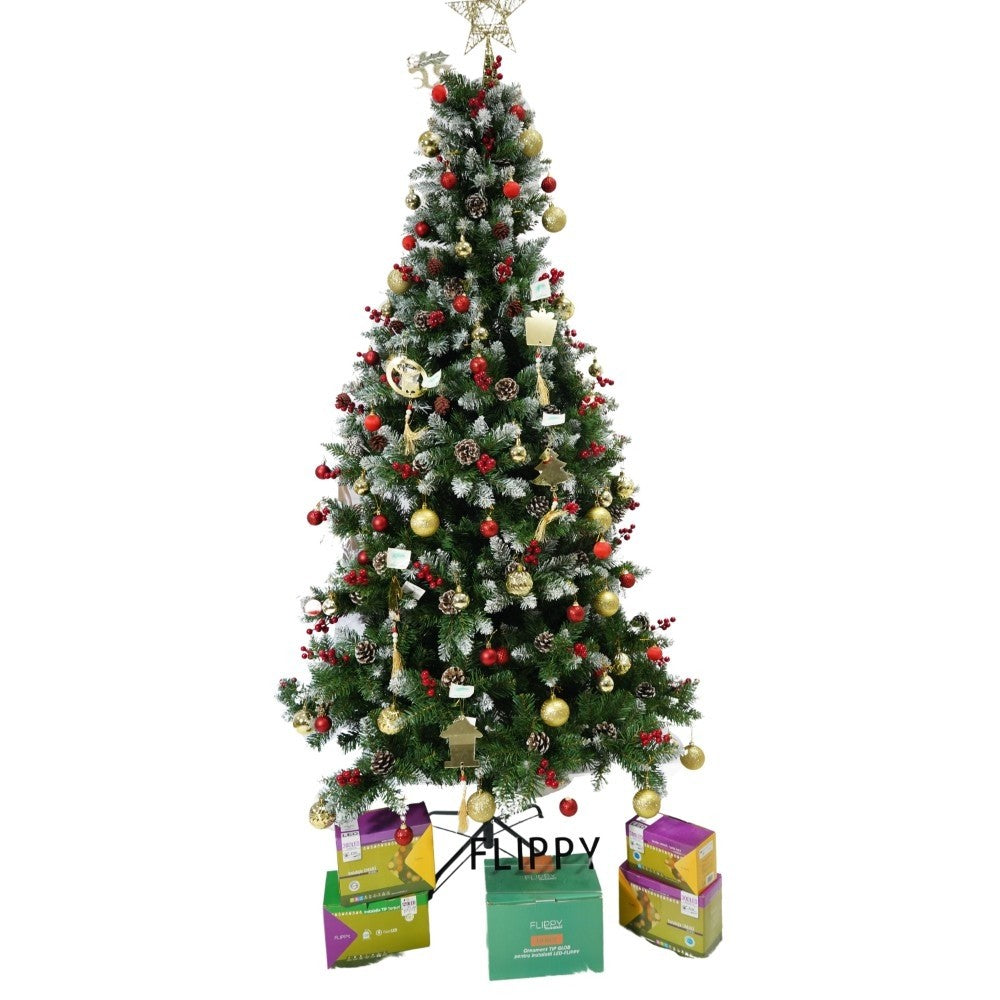 Set brad artificial de Craciun si elemente decorative, nins, decorat cu conuri pin rosii, inaltime 210 cm, diametru 106 cm, 643 ramuri, Kadeny, verde, suport metalic inclus