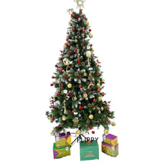 Set brad artificial de Craciun si elemente decorative, nins, decorat cu conuri pin rosii, inaltime 210 cm, diametru 106 cm, 643 ramuri, Kadeny, verde, suport metalic inclus