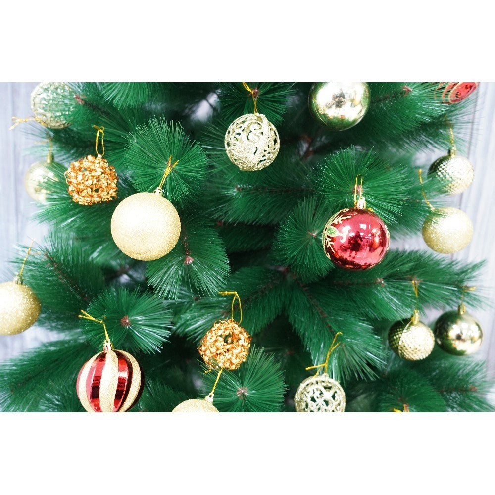 Set brad artificial de Craciun si elemente decorative tip pin, inaltime 210 cm, diametru 115 cm, 350 ramuri cu ace 3D 12 cm, Kadeny, verde, suport metalic inclus