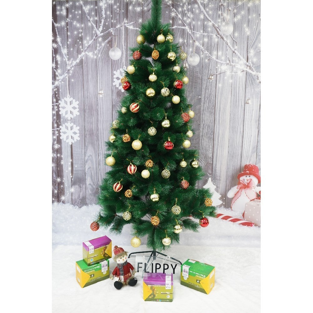 Set brad artificial de Craciun si elemente decorative tip pin, inaltime 210 cm, diametru 115 cm, 350 ramuri cu ace 3D 12 cm, Kadeny, verde, suport metalic inclus