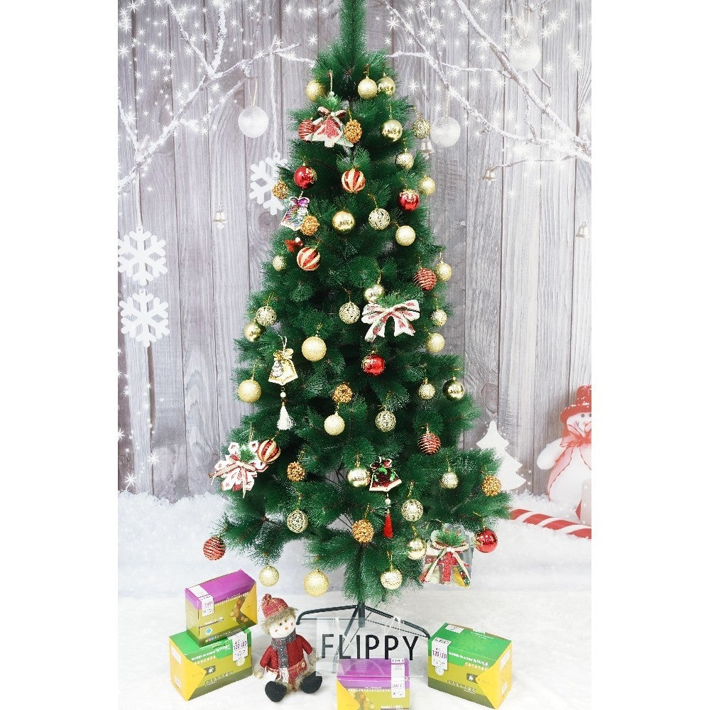 Set brad artificial de Craciun si elemente decorative tip pin, inaltime 210 cm, diametru 115 cm, 350 ramuri cu ace 3D 12 cm, Kadeny, verde, suport metalic inclus