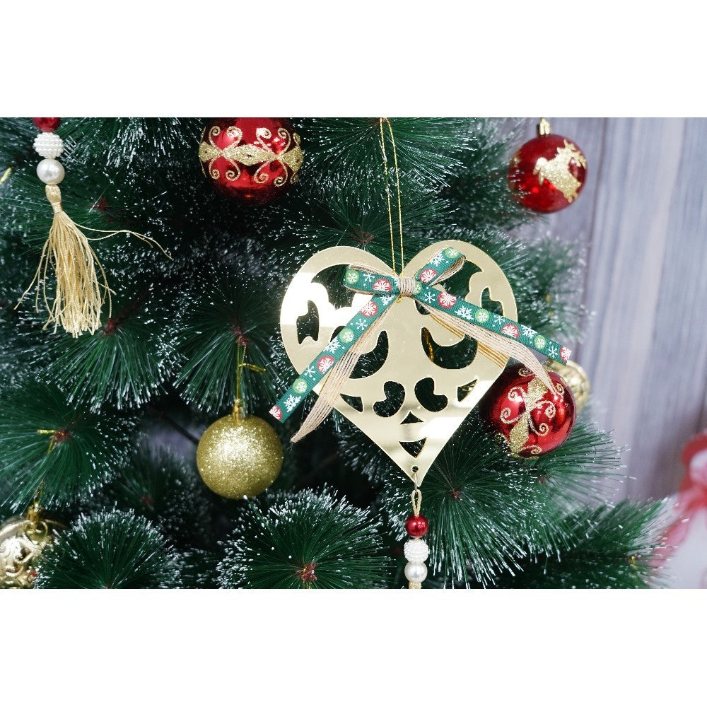 Set brad artificial de Craciun si elemente decorative tip pin inzapezit, inaltime 210 cm, diametru 115 cm, 350 ramuri cu ace 3D 12 cm, Kadeny, verde cu varfuri, ninse, suport metalic inclus